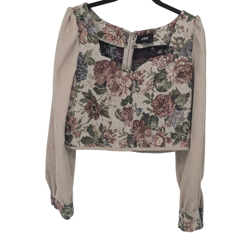 Cider Crop Top Women Large Beige Floral Tapestry Corduroy Puff Sleeve Cottage